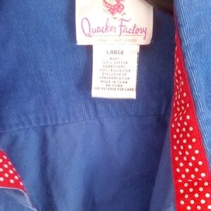 Quacker Factory Blue Button-Down with Red Polka Dot Accents